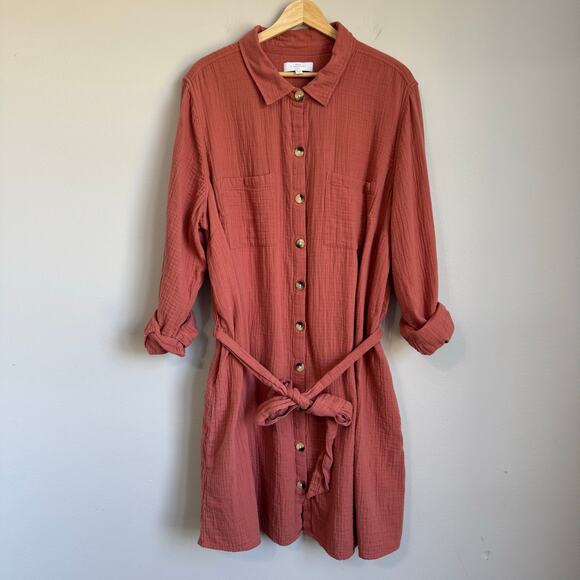 New Directions Curvy Shirt Dress Size 3X Button Up Gauzy Cotton Lagenlook Mauve - Picture 1 of 11